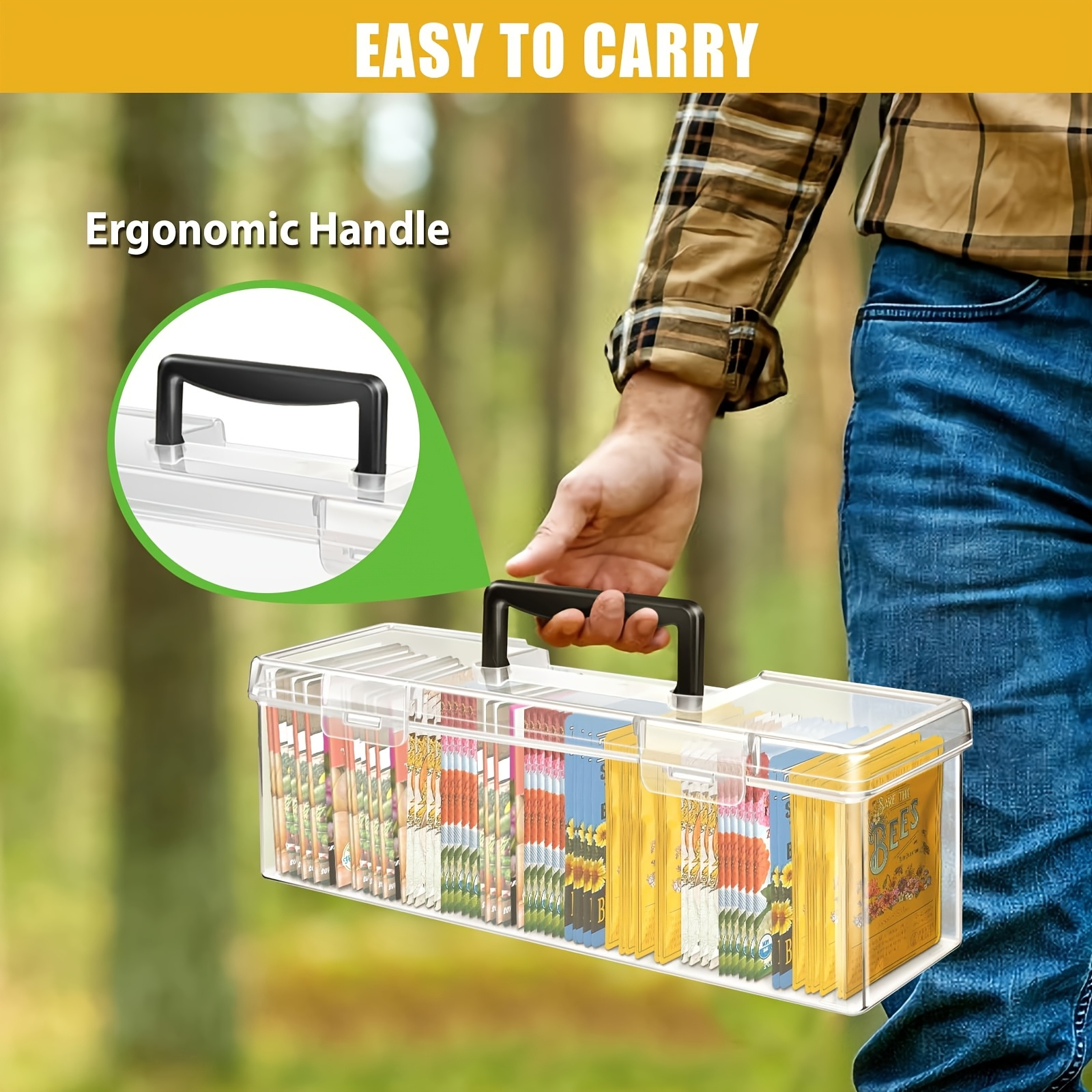 transparent plastic seed pack storage box with handle portable storage for over 100 seed packs rectangular design for easy organization of gardening supplies seed storage box