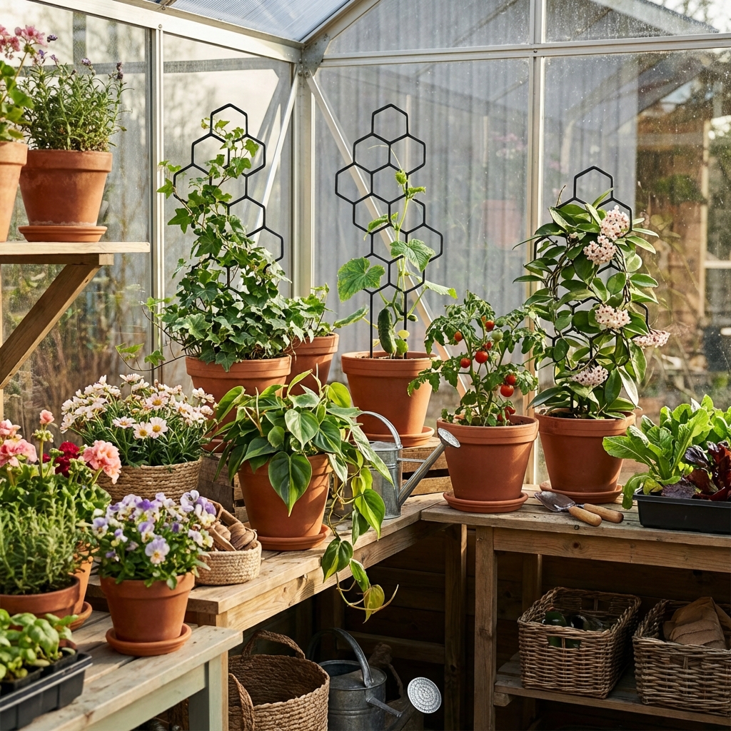 a 2pcs set measuring 14 96 by 5 91 inches designed as a honeycomb shaped support for climbing plants made from rust resistant plastic stakes   ideal for potted vines and flowers