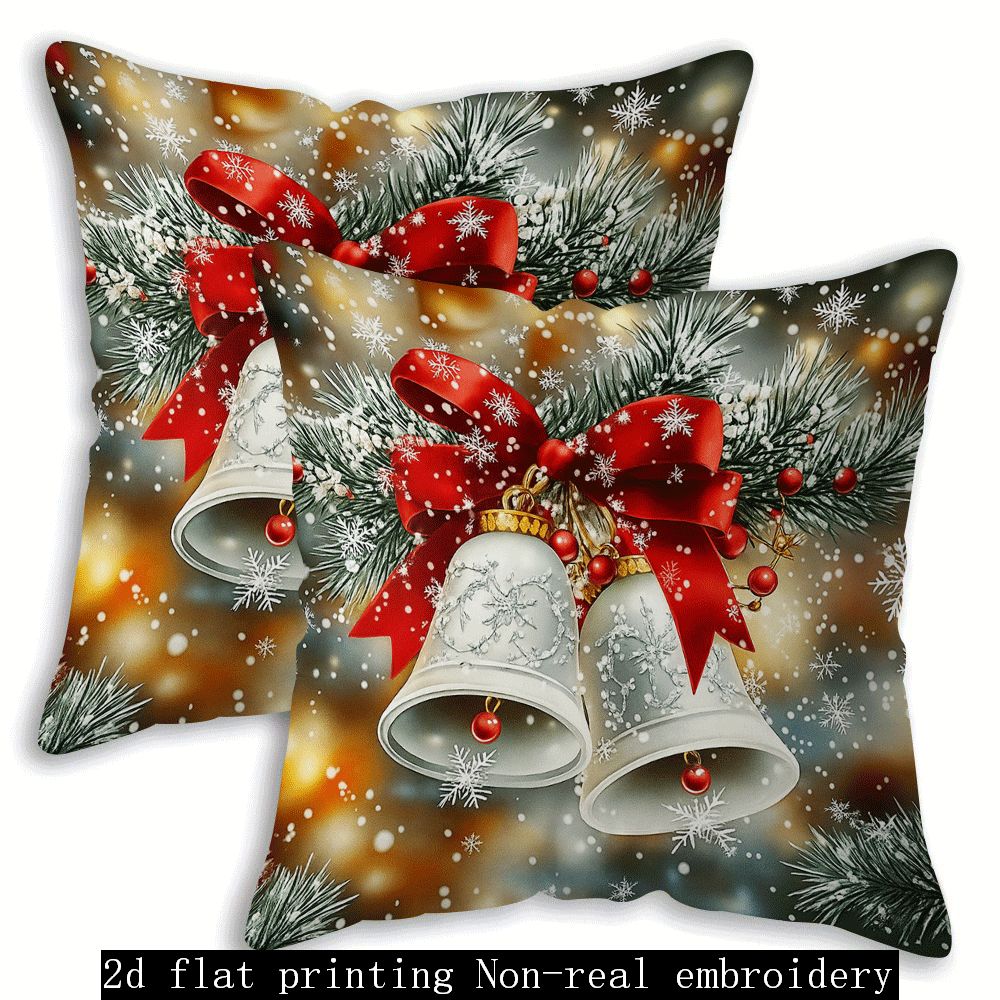 TEMU 2d Flat - Set Of 2 Cushion Covers With 2d Single-sided Print Featuring Christmas Bells, Decorated With A Red Bow And A Pattern Of Pine Branches
