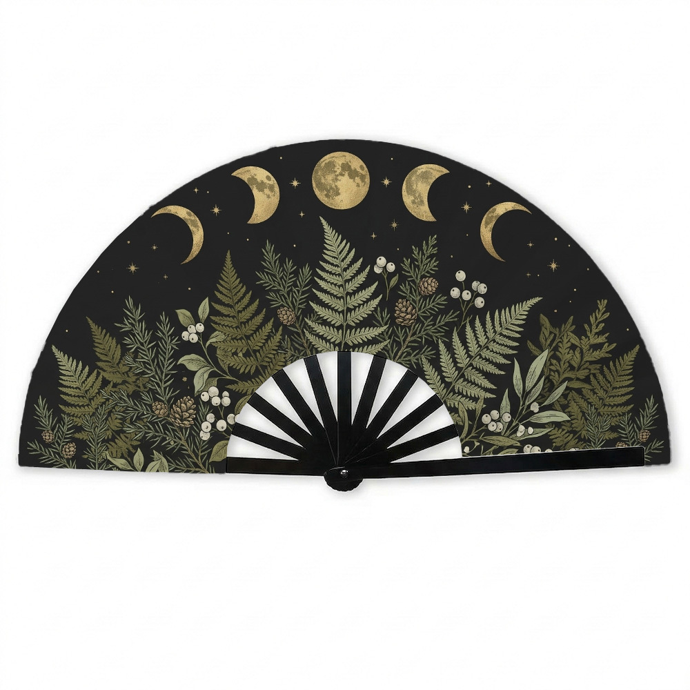 TEMU 1pc Dark Academia Botanical Classic Fashion Moon Phases & Forest Ferns Print Folding Fan