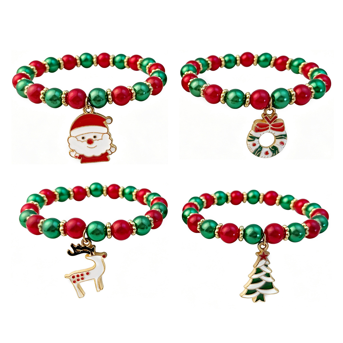 TEMU 4pcs Christmas -block Stretch Bracelet Set, Featuring Glossy Round Beads With Santa Claus, Christmas Tree, Reindeer, And Wreath Enamel Charms.