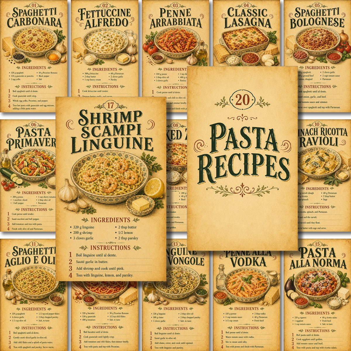 TEMU 20pcs Vintage Pasta Recipe Cards, Classic Pasta Recipes With Easy Ingredients -by-step Instructions, Retro Cooking Guide For Home Cooks And ,