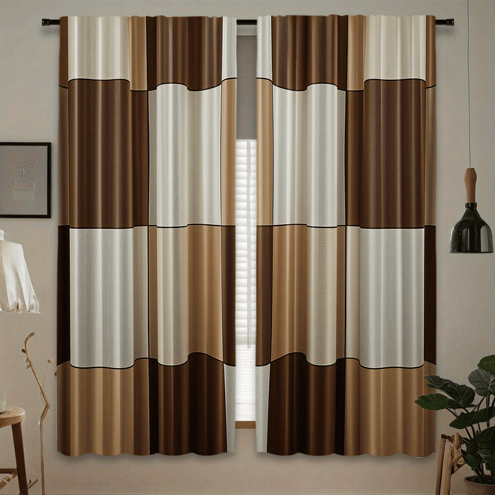 TEMU 2d Flat, 2d Flat - 2d Flat - 2d Printed 2pcs Set, Polyester Material, Artistic Decoration, Brown Abstract Geometric Stripe Print, Blackout