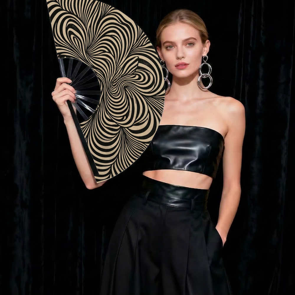 TEMU Retro Abstract Line Folding Hand Sizes 28cm 54cm And 35cm 65cm Black Beige Wavy Essential Rave Hip-hop Rap Performance Cosplay Luxurious