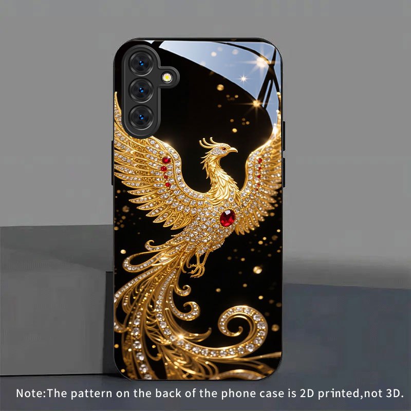 TEMU Phone Case: Black Golden Diamond Phoenix Pattern Tempered Glass Phone Case For Galaxy S26/s26 Plus/s26 Ultra/s25 Ultra/s25 Plus/s25 Fe/s25/s24