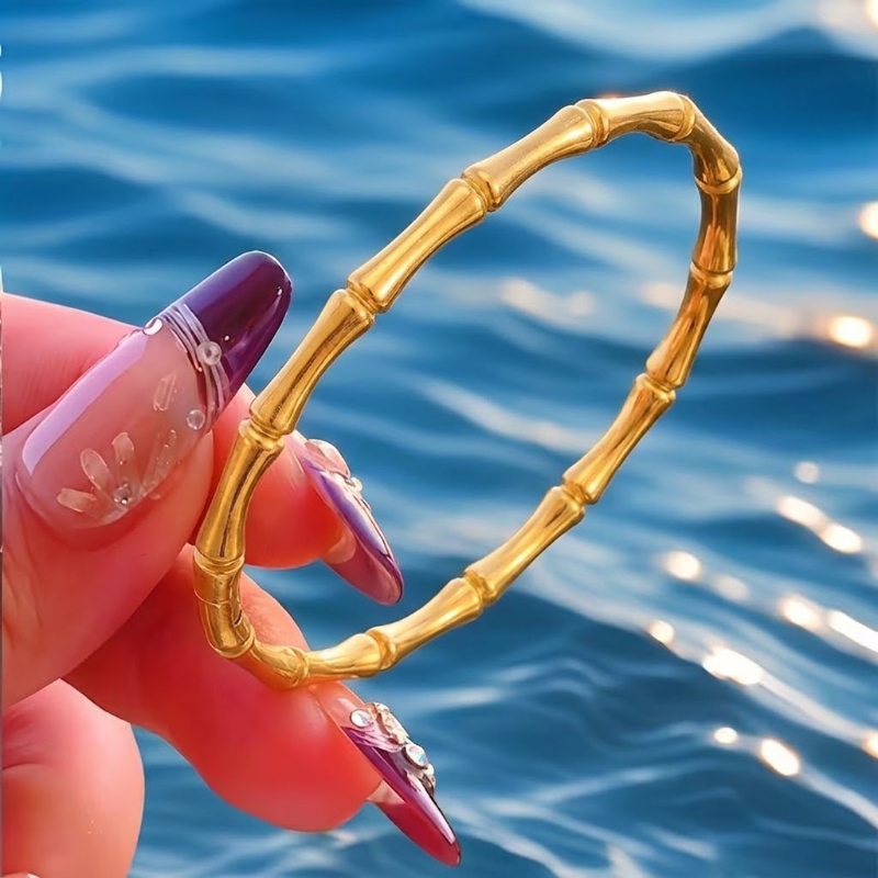 Women's 18K Gold Plated Bamboo Bangle Bracelet, Starfish Charm