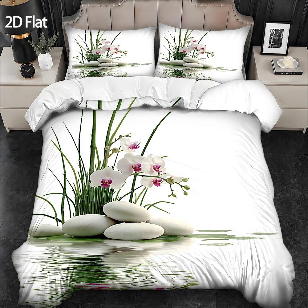 TEMU 3pcs Duvet Cover Set, 1 Duvet Cover   2 Pillowcases (no Filler), 2d Flat Printing, 3pcs Duvet Cover Set, White Orchid Zen Theme, Minimalist