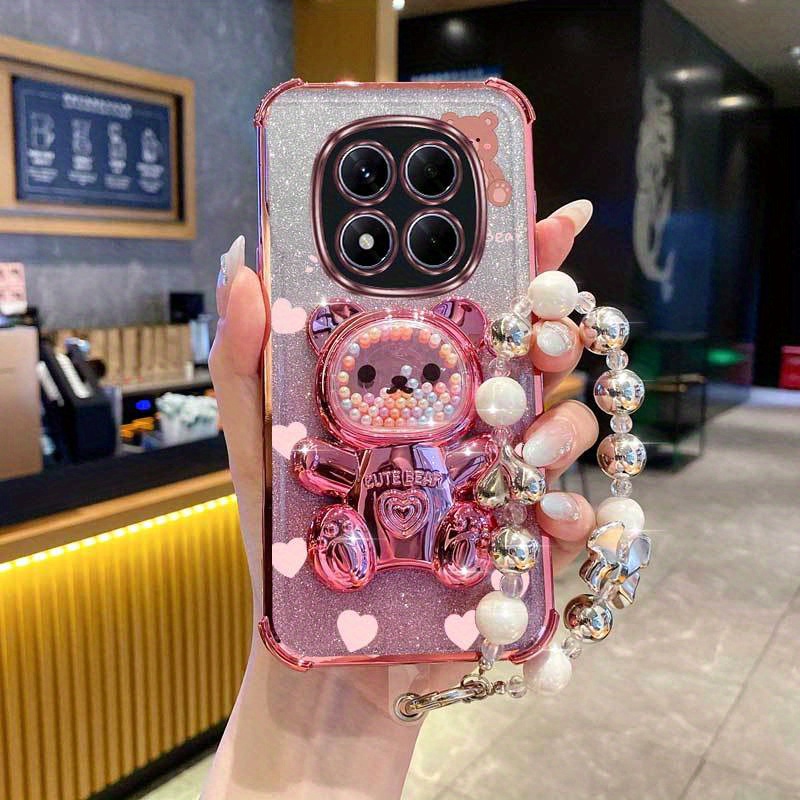 TEMU Funda para teléfono: Correa de muñeca de perlas con cordón magnético, brillo de lujo, de amor y oso, soporte para teléfono compatible con Xiaomi