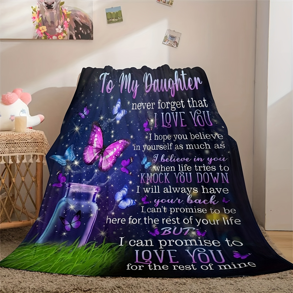 TEMU 1 Couverture Douillette en Flanelle Thème Papillon - Doux et avec Message de Maman à Fille, Base Style Bohème avec Papillons Violets & Lettrage
