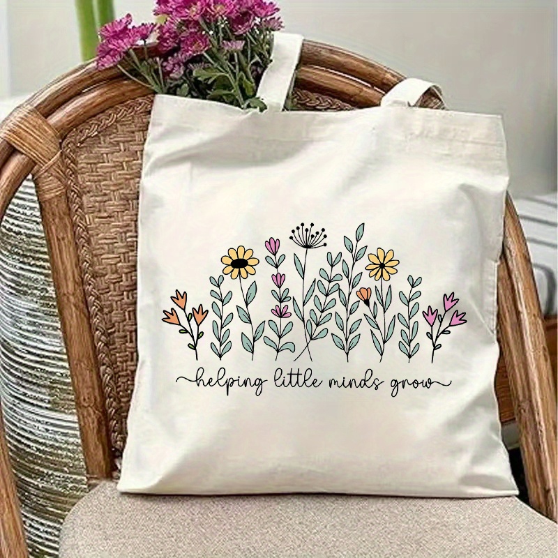 TEMU Borsa tote da donna 1 pz con stampa slogan "Helping Grow", stile casual , design vintage , borsa da minimalista per pendolari, borsa a portatile