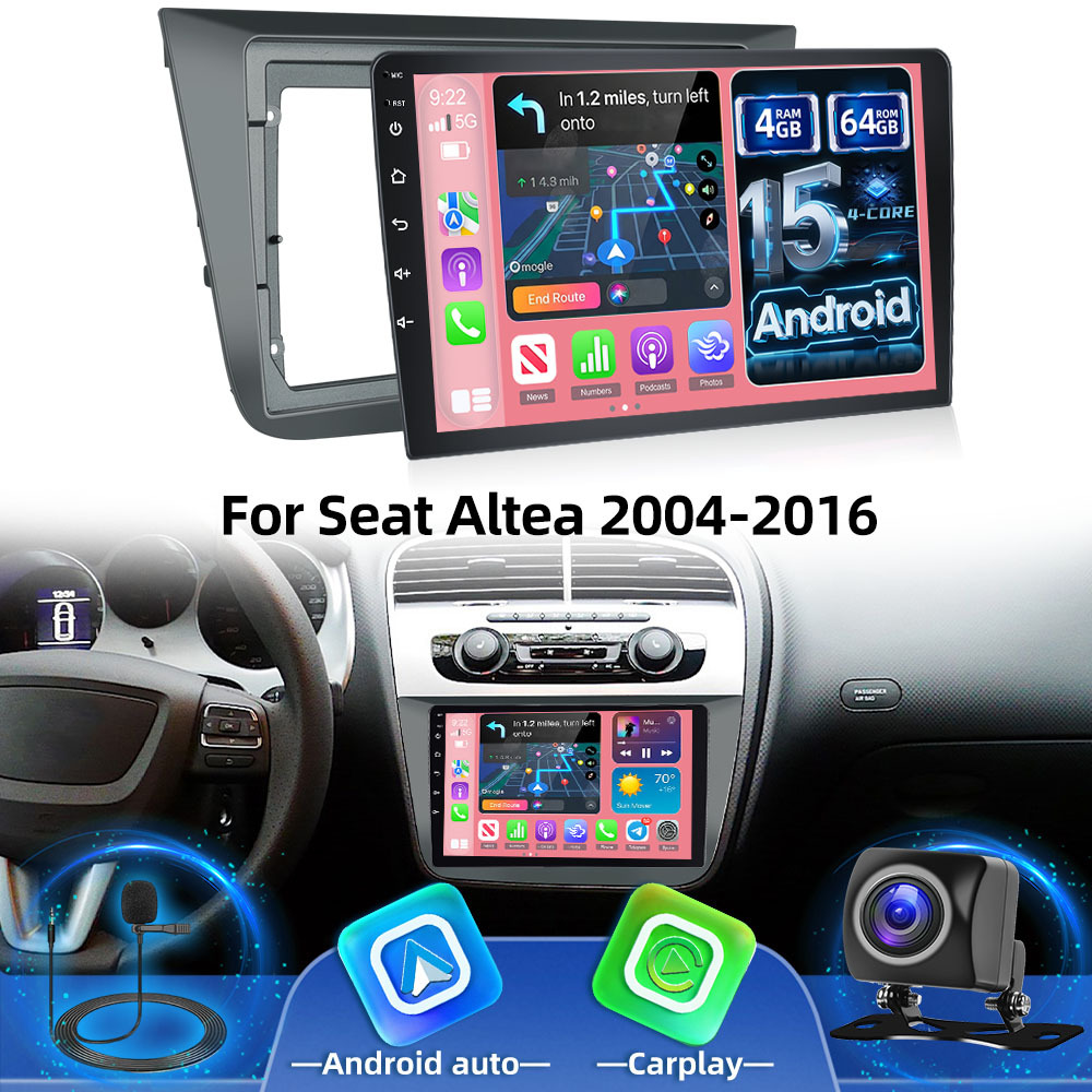 4+64 15 Car Stereo 9-inch Car Radio For Seat Altea 2004-2016 With Car Gps Wireless Fm/rds/eq/usb Reversing Camera, Without Battery