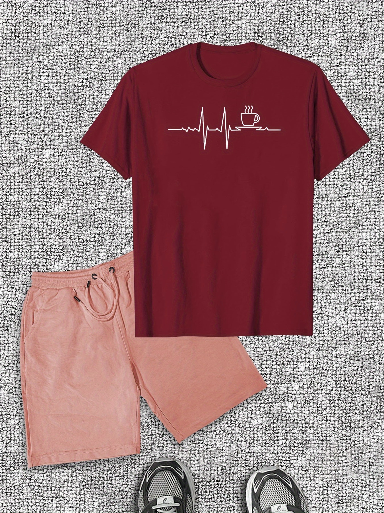 Men's Coffee Signal Pattern Short Sleeve T-Shirt Shorts Casual Set