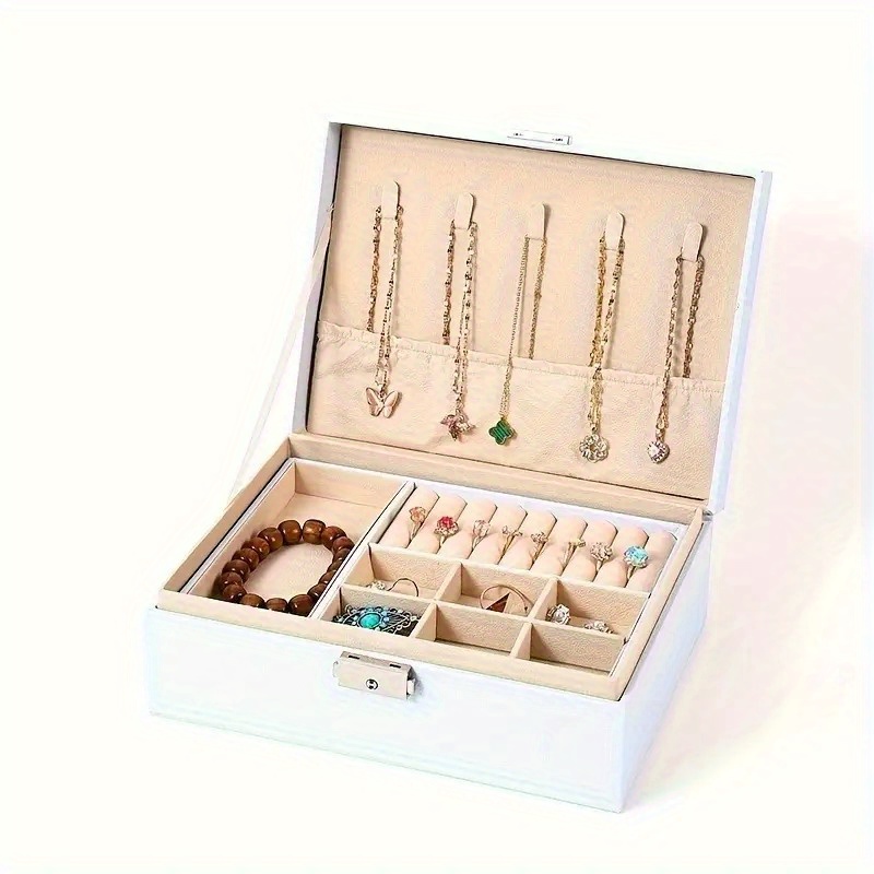 large capacity pu leather jewelry box with golden-tone hinges & locking mechanism - beige multi-tier organizer with soft cushioned compartments, drawers & open shelves for home, office, boutique storage - elegant gift box for jewelry, watches, accessories - contemporary style with golden-tone hardware, beige pu leather exterior, golden-tone   closure,   interior with multiple compartments & drawers, jewelry box large, large jewelry organizer storage, jewelry box Product details 1