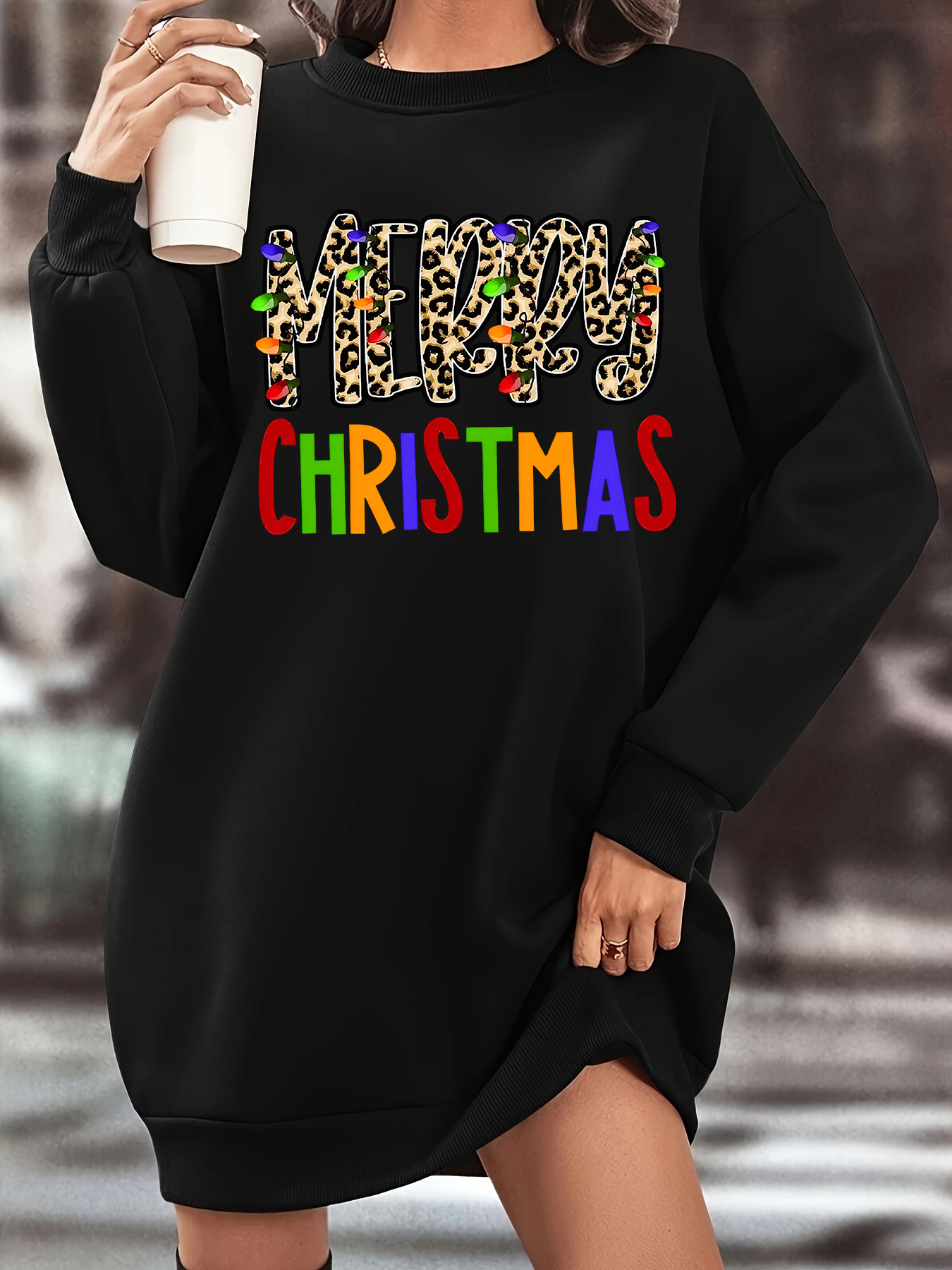 holiday-themed autumn/winter christmas bulb letter print dress with round  neck, long sleeves, knee-length, women's lined sweatshirt dress,  comfortable and elegant women's clothing - women's clothing - Temu Ireland