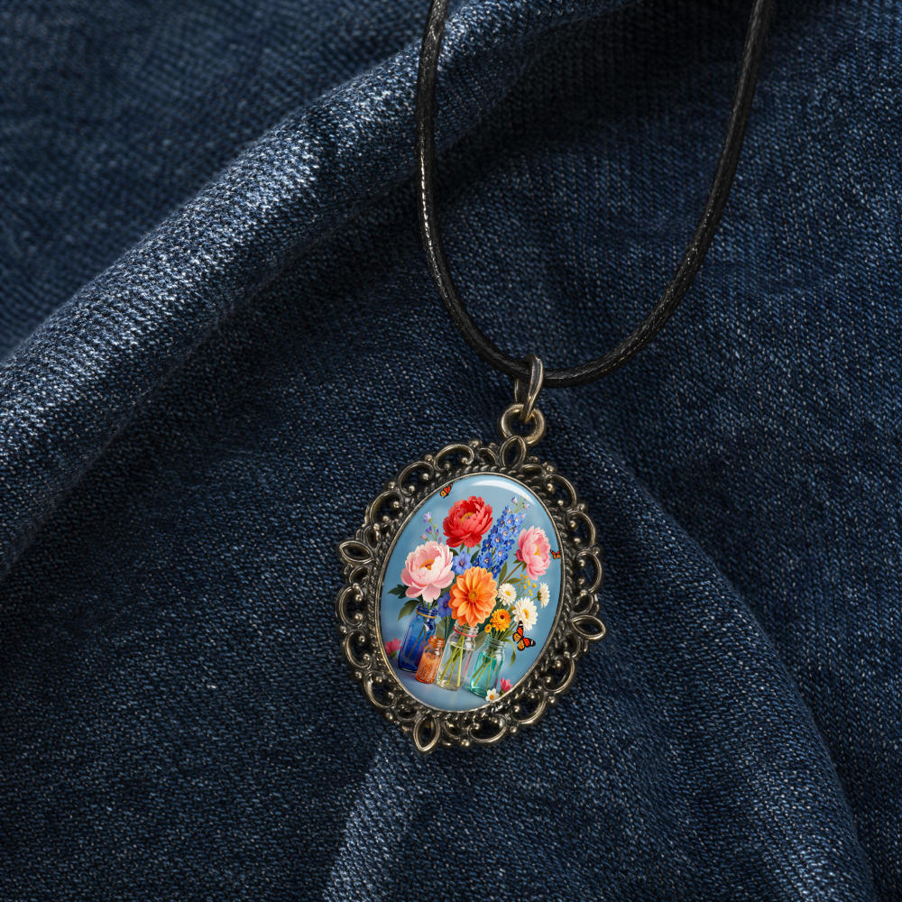 Vintage Floral Glass Pendant Necklace, Unisex Gift