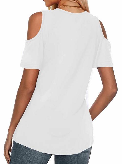 damenmode off-shoulder v-ausschnitt t-shirt mit fahrrad-design, kurzarm freizeit top