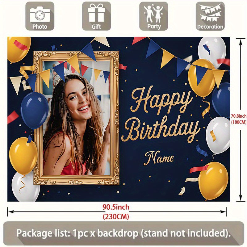 TEMU 1pc Custom Birthday Decoration Party Banner (90.55x70.8inch), Happy Birthday Photo Card With Balloons And Bunting, Custom Name Text/ Picture