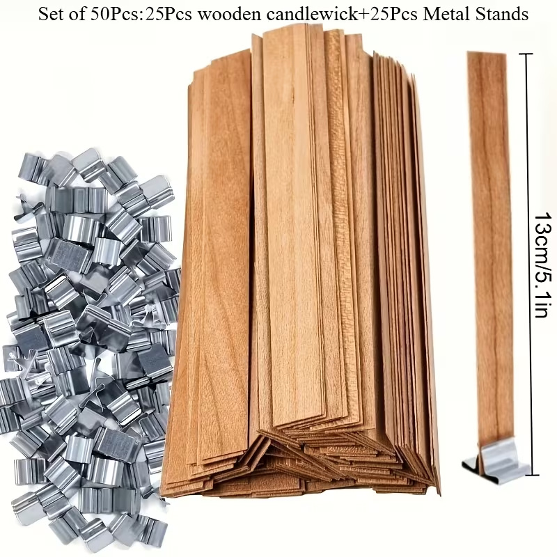 E-shop 50 Stück Natürliches Holz Kerzenherstellungsset | Inklusive rauchfreien knisternden Holzdochten Metallständern, Größe 12,95 x 1,3 cm, ideal für