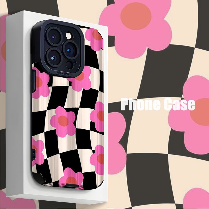 TEMU A Cute Pattern Featuring Black And White Checkered Design With Pink Flowers, Suitable For Tpu Cases For Iphone 16 Pro Max, Iphone 15 Pro