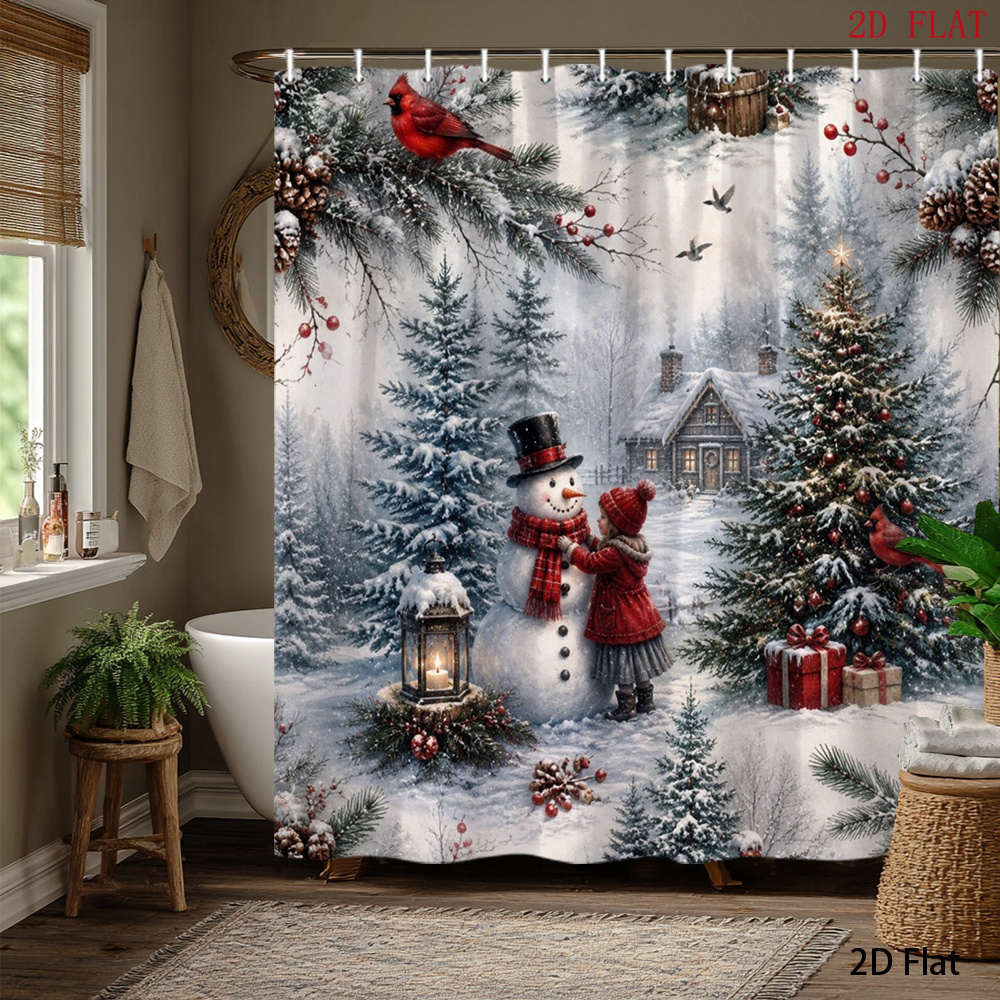 TEMU 1pc Christmas Snowman And Shower Curtain, Scene Bathroom Decor, X Inch Curtain With Hooks, Perfect For Cozy Seasonal Home Decor