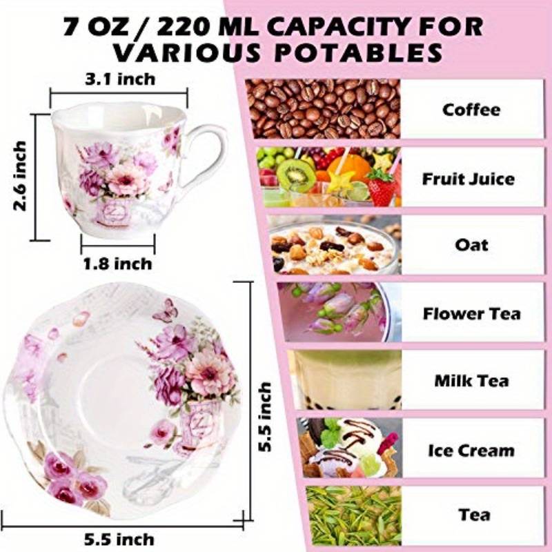 elegant floral porcelain tea cups and saucers set of 6 7oz pink and purple flowers microwave dishwasher safe ideal gift for   tea cup set Product details 2