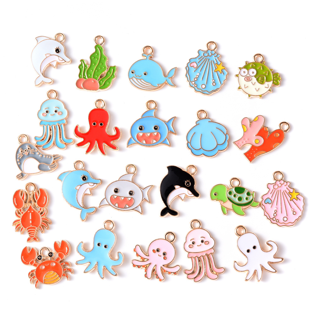 TEMU 50pcs Random Mixed Ocean Theme Cartoon Animal Alloy Pendant Summer Dopamine Colorful Turtle Dolphin Crab Octopus Lobster Seaweed Shape Metal
