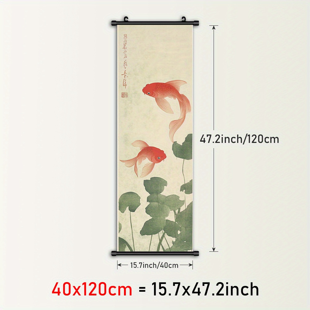 TEMU 1pc Décoration Murale en Rouleau Suspendu d'Inspiration Anime Japonaise avec Poissons Rouges sur Toile Orange et Nénuphars, Cadre en Plastique &