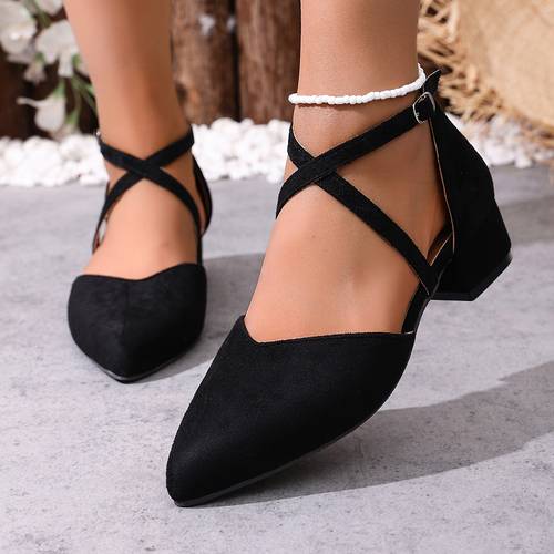 a pair of cheap fashionable and durable womens sports sandals and slippers pointed toe cross strap chunky heel single shoes retro commuting versatile soft sole feet