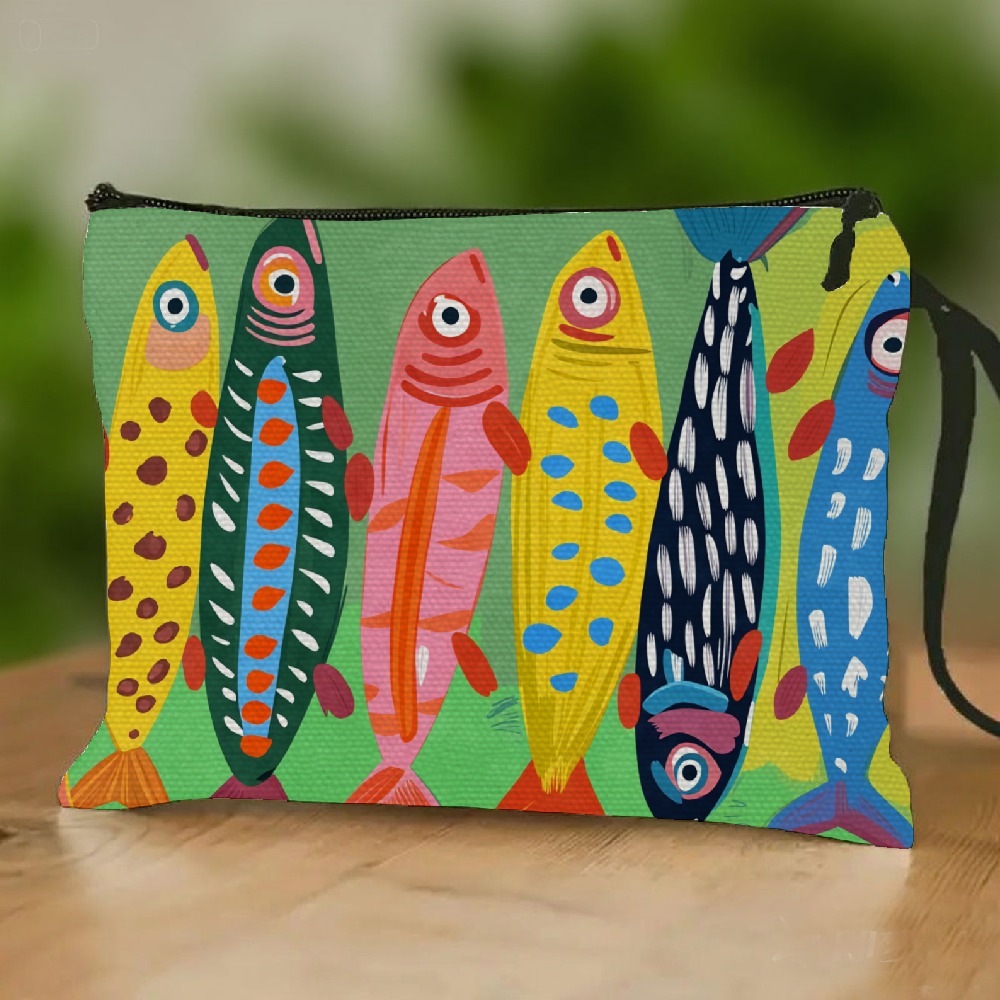 TEMU Neceser con cremallera y estampado de peces coloridos, un elegante y práctico neceser y bolsa de maquillaje con correa de muñeca. diseños