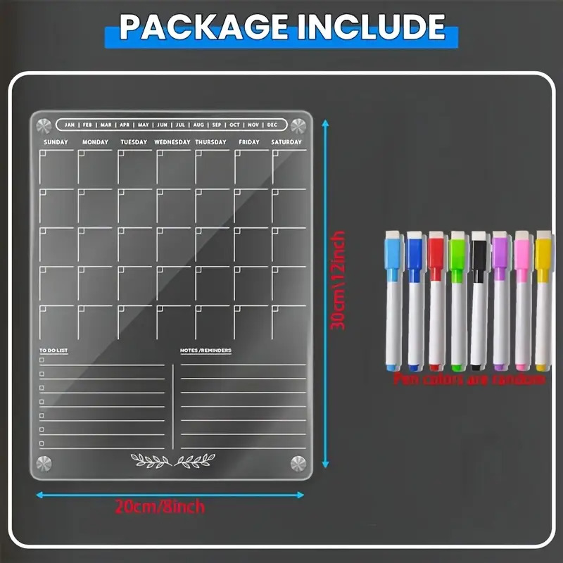 TEMU Transparent Acrylic Magnetic Refrigerator Calendar With Dry Erase Marker - Monthly & Weekly Refrigerator Planning Board, Includes 6 Random Color