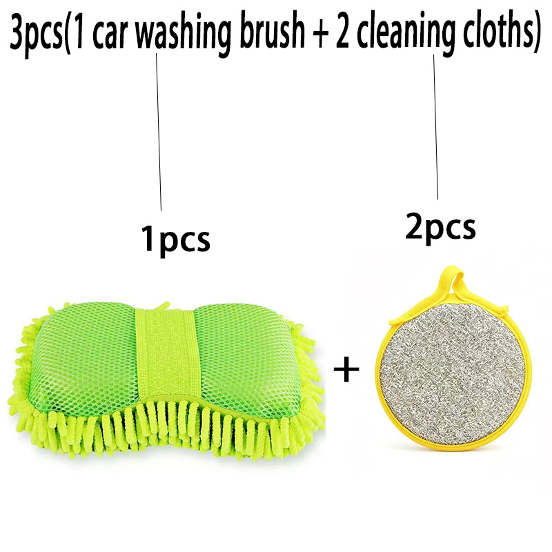 TEMU 3pcs (1pc Car Washing Brush And 2pcs Cleaning Cloths) 1pc Super Absorbent Chenille Car Wash Glove - Scratch-free, Super Absorbent Sponge,