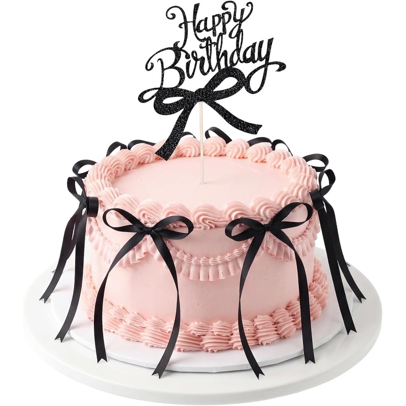 TEMU 18pcs Pink And Black Ribbon Bows For Cake With 1pc Happy Birthday Cake Topper | Pink Bow Birthday Decorations, Toppers, Happy Birthday Decor For