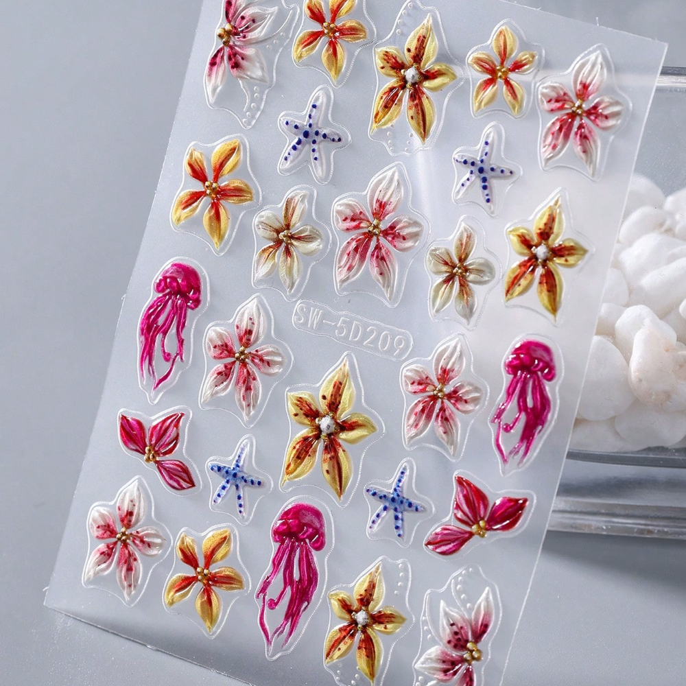 1pc Hibiscus Flowers Embossed Nail Stickers Relief Ocean Styles Starfish Jellyfish Designs Nail Art Flower Decals Self Adhesive Manicure Decoration Nail Supplies