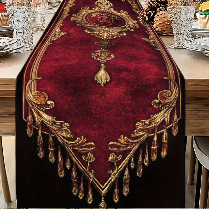 TEMU 1pc, Red Velvet Gold- Tassel Design Tablecloth Retro Style Home Decor Artistic Sense Banquet Dining Tablecloth
