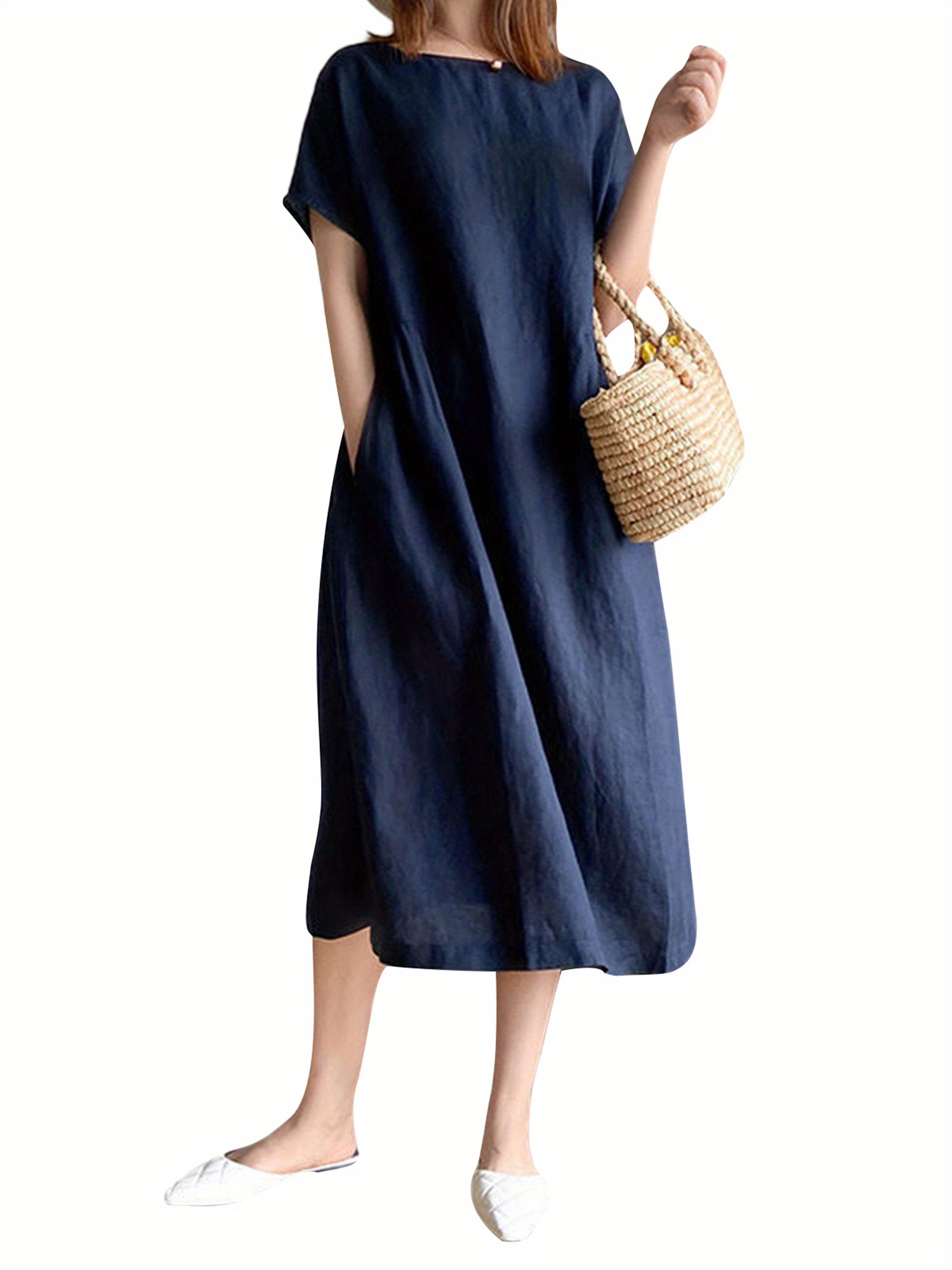 womens summer casual linen midi dress short sleeve round - Temu