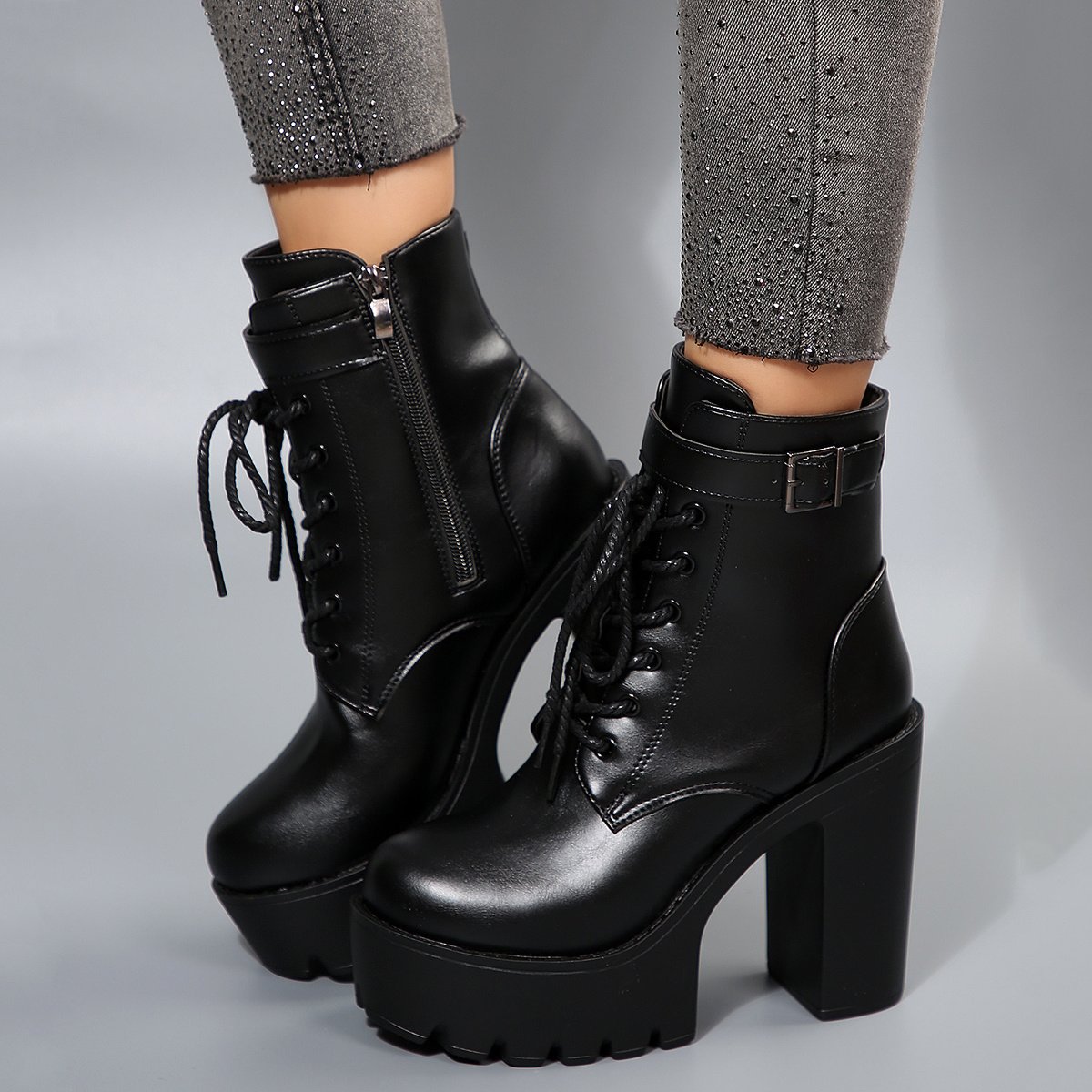 Women's Chunky platform ankle boots all season Gothic chic boots with  back zipper, round toe, non slippery rubber sole for Casual, Party, Ev
