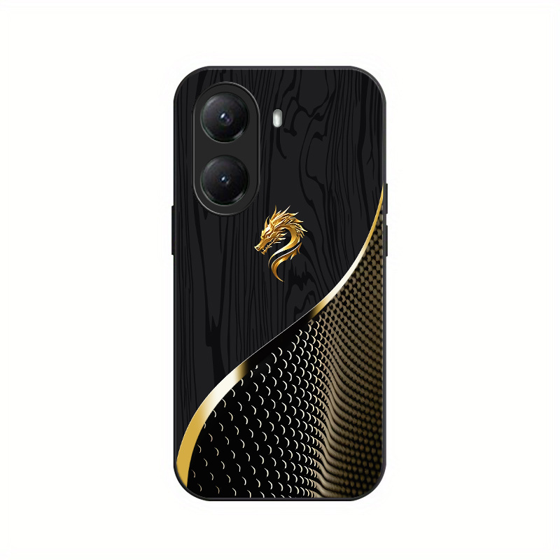 TEMU Funda para Teléfono - Una funda para teléfono hecha de vidrio templado duro con un diseño de cabeza de dorado y un texturizado negro, diseñada
