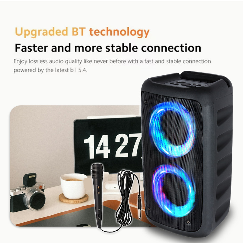 6000w   power portable wireless s er compact s er system with built in subwoofer features wireless stereo color changing lights tws functionality usb tf card   ideal for   camping backyard parties