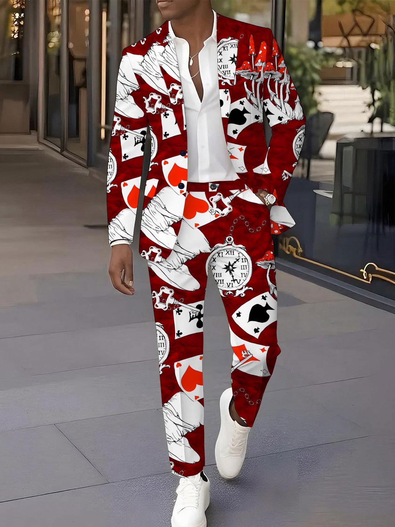 Men S Suit + Pants   Suit Set, Trendy Print   and Trousers Two-Piece Suit, Classic Banquet Wedding Party Outfit in Red and   Scheme with   Pattern