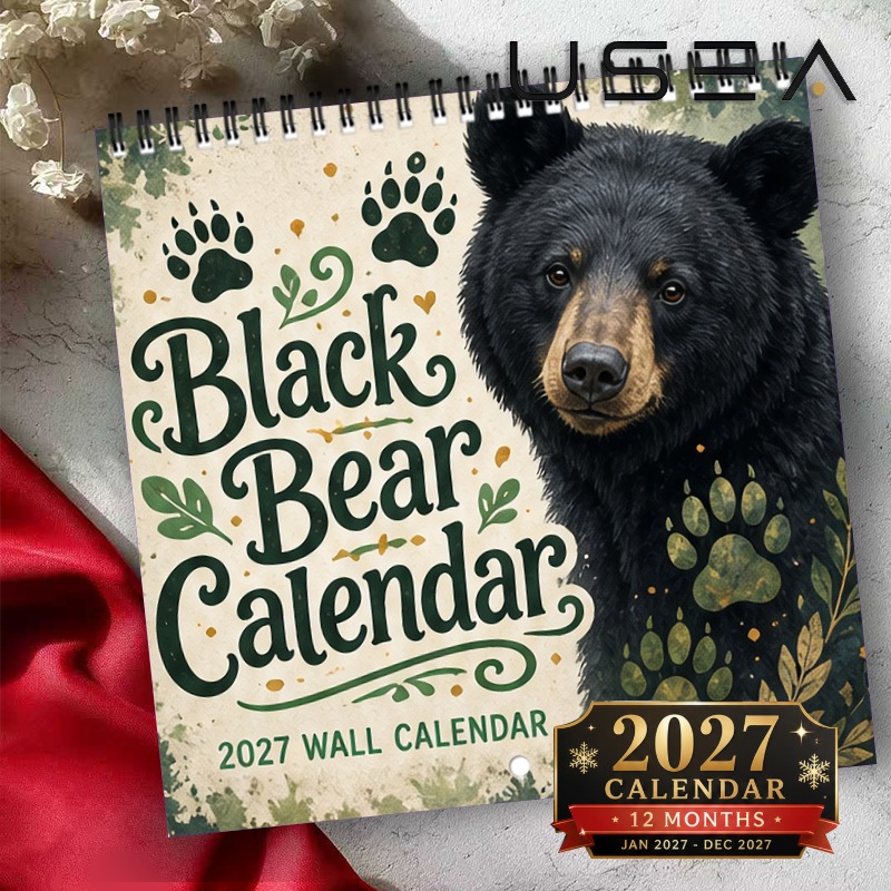 TEMU 2027 Wall Calendar 2027 Black Bear Wall Calendar With , 12-month Planner And Organizer, Twin Wire Spiral Hanging Calendar, Us Federal Holidays,