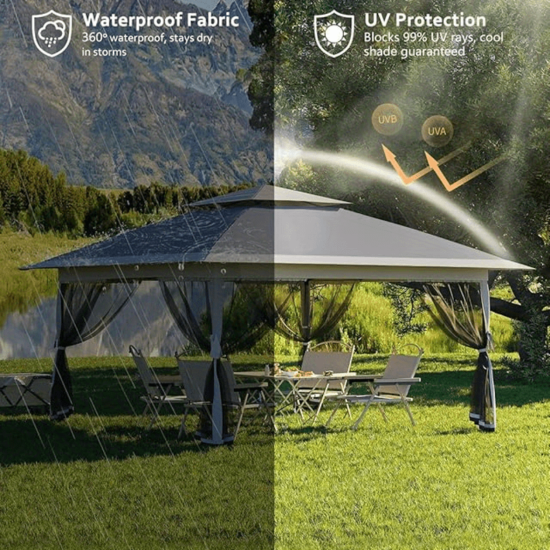 [13'x13' Gazebo] 13'x13' Double Rooftop Outdoor Gazebo | Quick Setup, High Quality, Durable Weather-Resistant Design, Gray Patio Canopy Tent for Backyard, Garden & Poolside