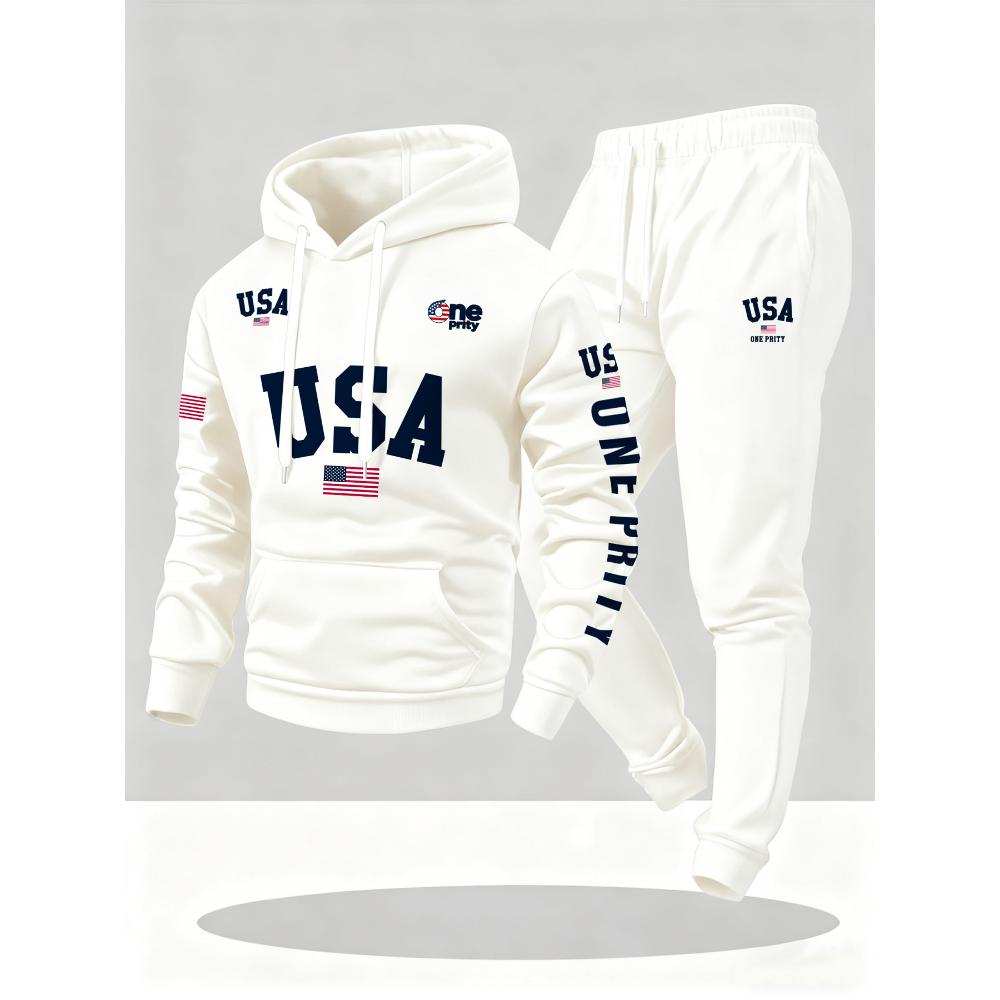 TEMU Men's Casual And Streetwear Two-piece Set Featuring A White Hoodie And Sweatpants With An American Flag Print, Perfect For Daily Wear