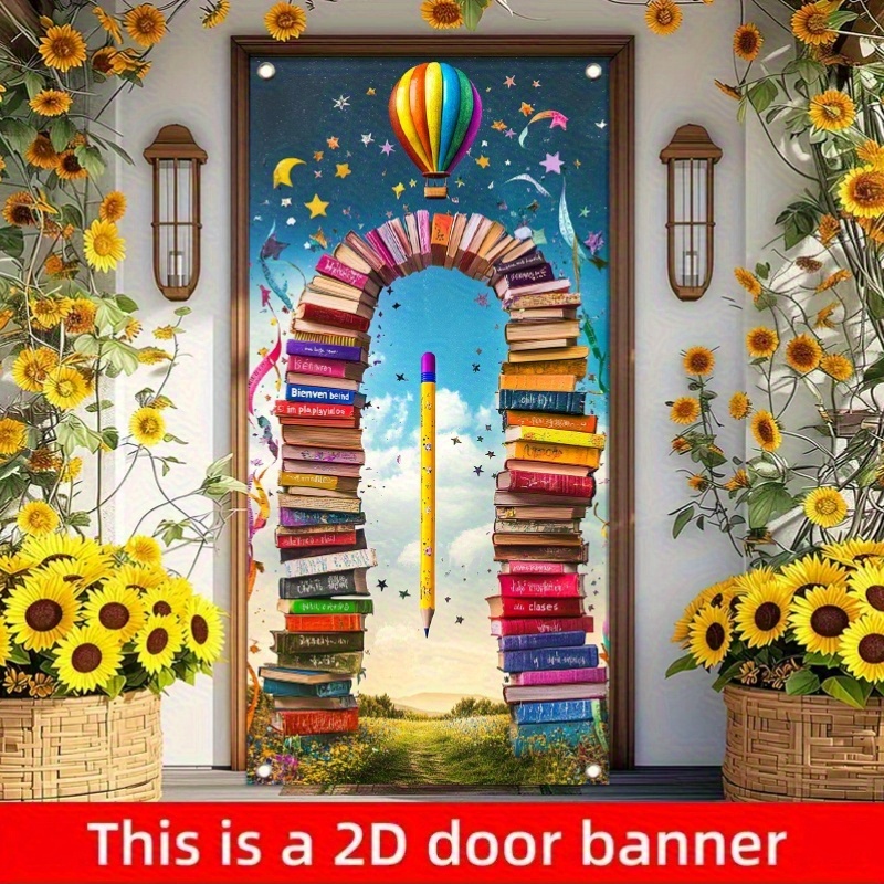 TEMU 2d Flat, 2d Flat - 2d Door Banner 2d Flat, 2d Flat - 2d Door Banner 2d Flat Door Banner, ' School Library Door Banner With A Book Theme -
