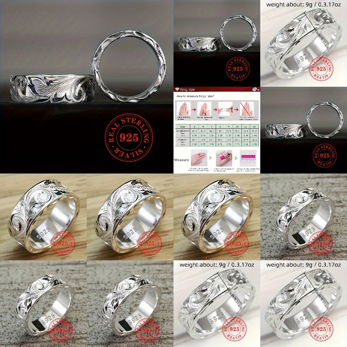 TEMU 925 Sterling Silvery Engraved Ring Bohemian Wide Ring, Vintage Jewelry, Holiday Gifts For