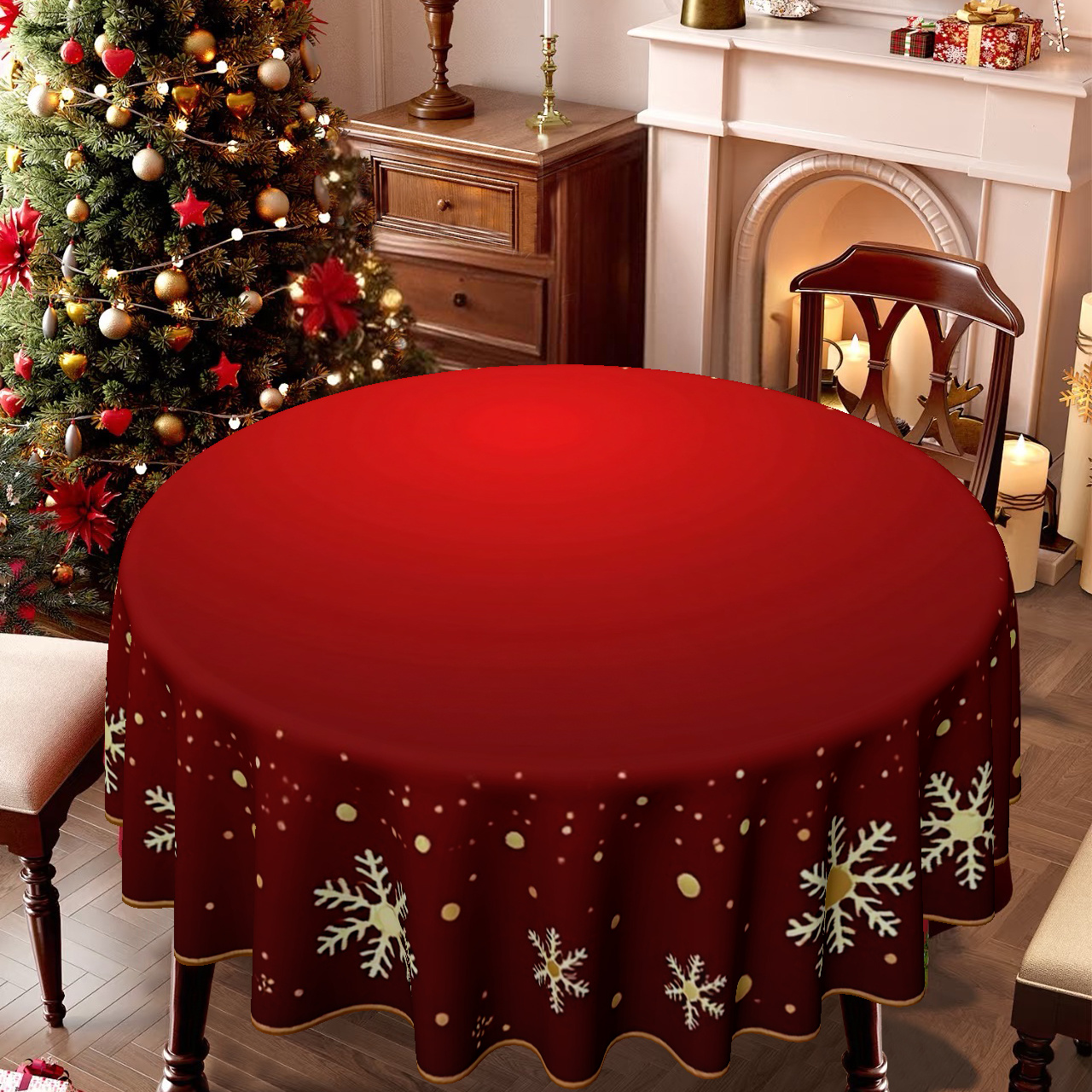 TEMU 2d Printed 59x59in/150x150cm Of Festive Red Round Tablecloth Featuring A Snowflake Design, Perfect For Holiday Meals, Home Kitchens, And Party