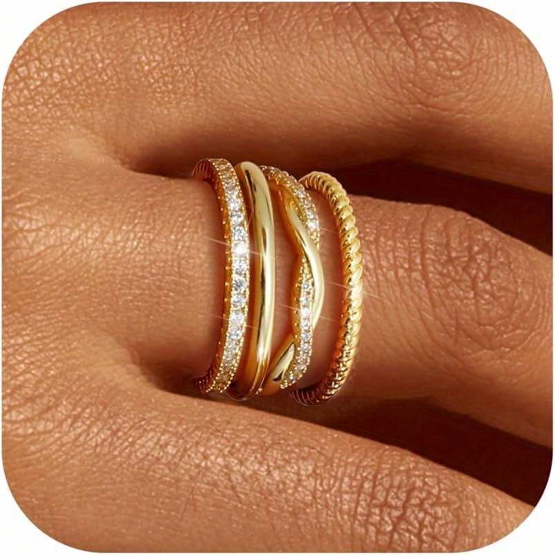 4pcs Stackable For Women Non Tarnish Dainty 14k Golden Plated Stackable Thin Rings Cubic Zirconia Thumb Ring Set Trendy Statement Promise Wedding Bands Engagement Rings For Women Size 6