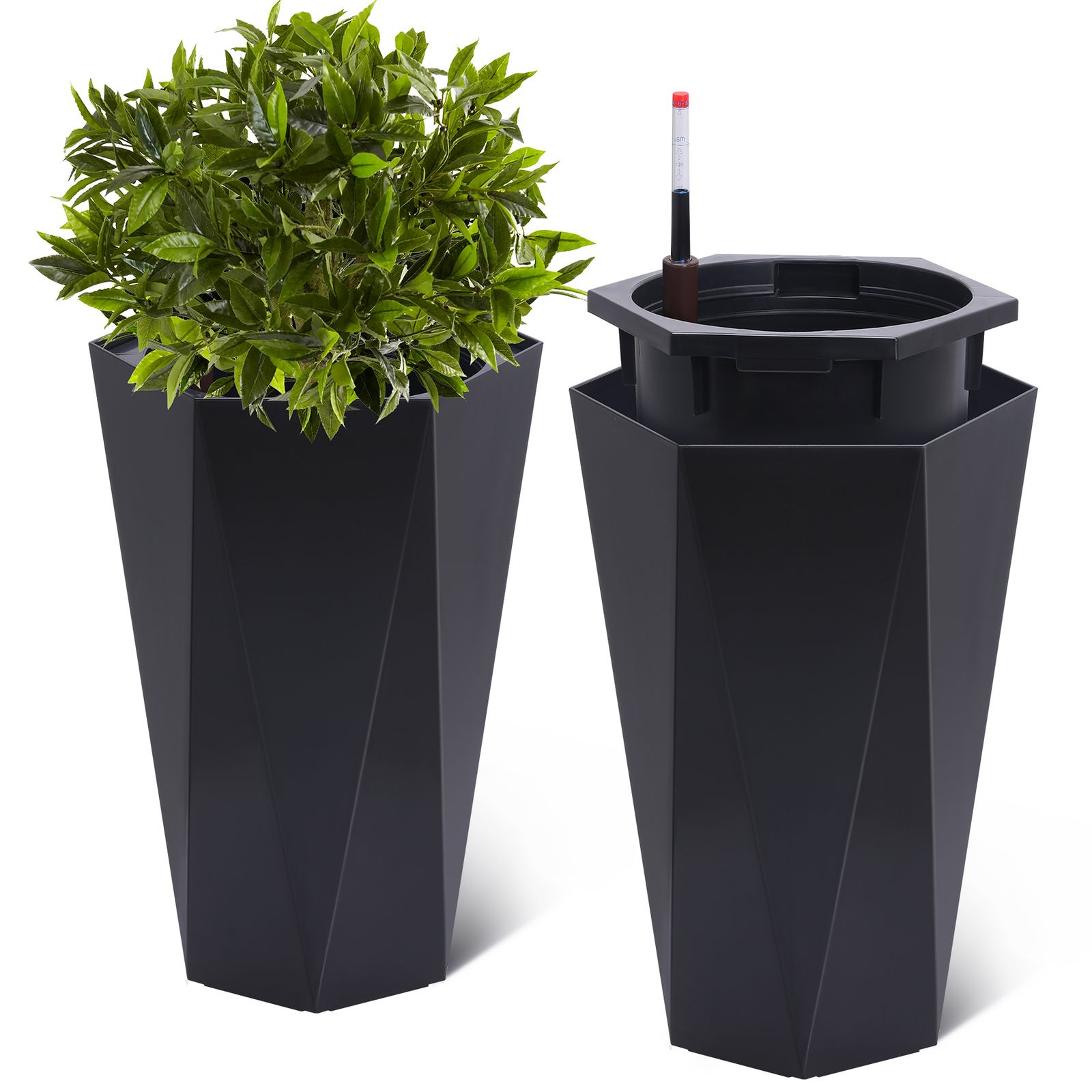Set Of 2 Large 22.4 Inch Self-watering Planters | Plastic Flower Pots With Liquid Level Detector, Wheels, And Inner Bucket For Indoor And Outdoor Use Gardening Gift Home Decor