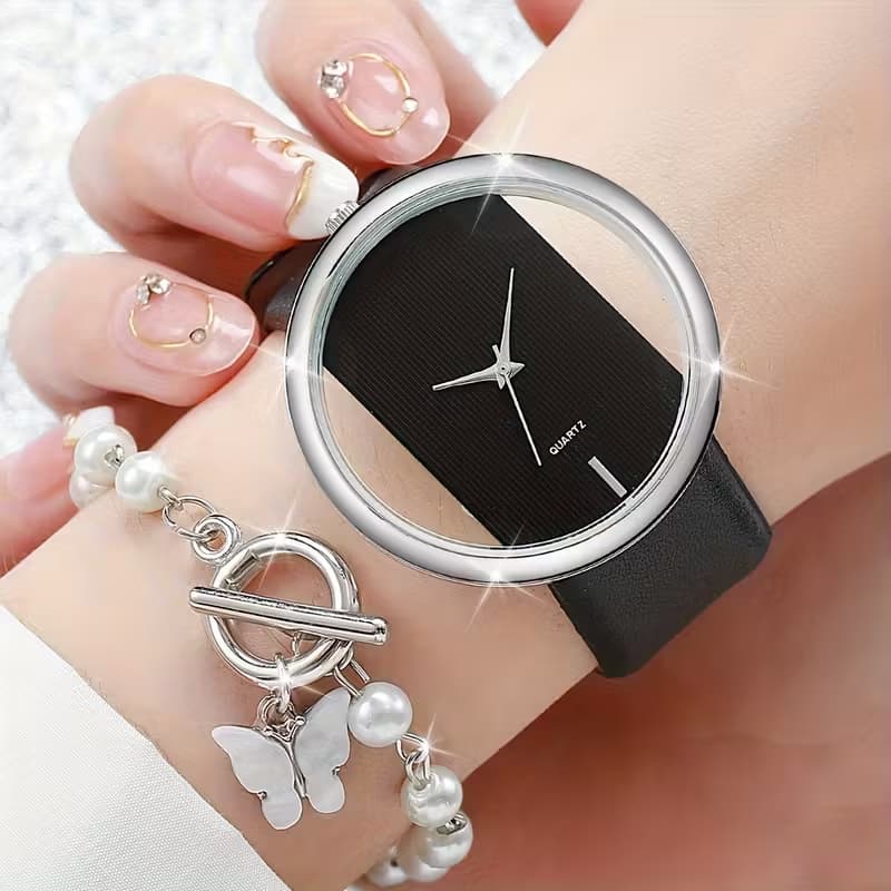 2pcs/Set Women'S Fashion, Minimalist, Skeleton Dial, Quartz Watch+Bracelet Watch Case Not Included