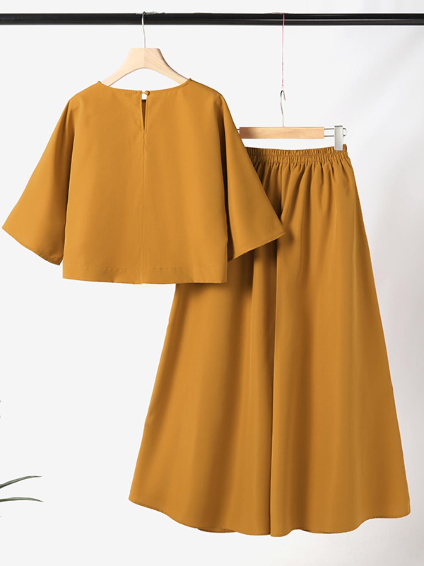 2pcs women sets oversized 3 4 sleeve blouse round neck baggy   and pants wide leg long trousers suits lightweight solid simple casual loose outfit plus size details 3