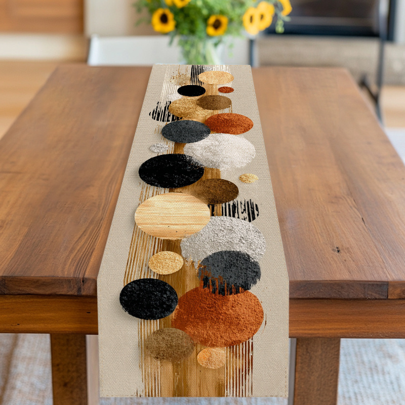 TEMU 1pc Elegant Earthy Tone & Metallic Accent Table Runner/flag With Abstract Circular Patterns - Elegant Neutral ///dark / Suitable For Home,
